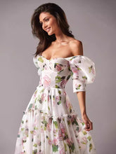 Partykleid mit Blumenmuster, schulterfrei, abgestuft, A-Linie, elegantes Abschlussball-Maxikleid